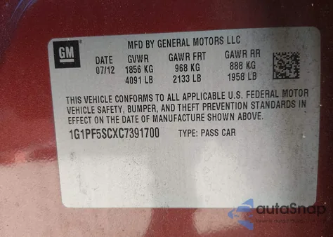 2012 Chevrolet Cruze 1Lt z USA, uszkodzony, nr VIN 1G1PF5SCXC7391700